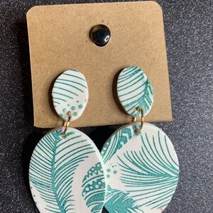 Teal Leaf Patterned Dangle Earrings